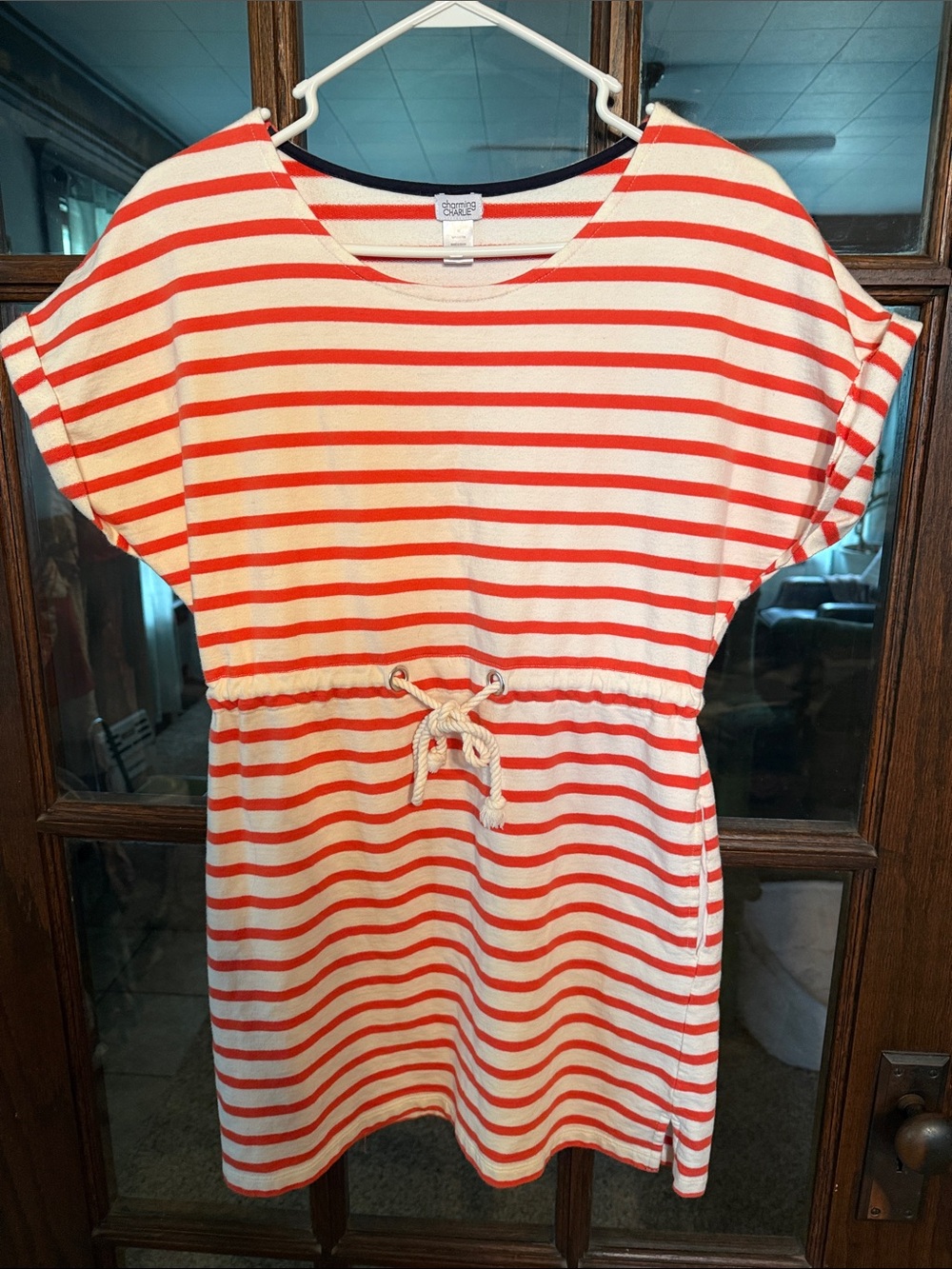 Charming Charlie Orange White Striped Cotton Mini Dress Drawstring Waist Medium